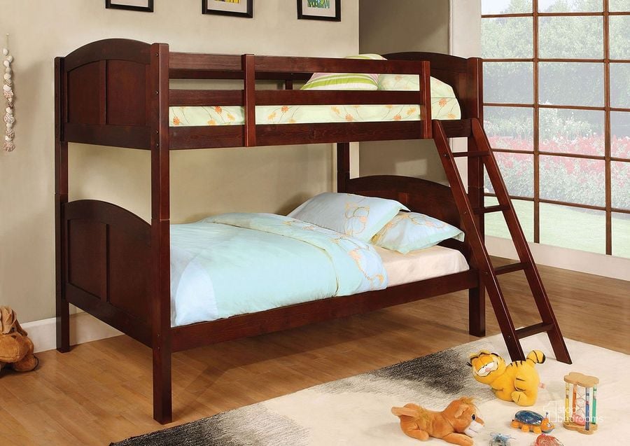 The appearance of Rexford Twin over Twin Bunk Bed (Cherry) designed by Furniture of America in the transitional interior design. This brown piece of furniture  was selected by 1StopBedrooms from Rexford Collection to add a touch of cosiness and style into your home. Sku: CM-BK903CH-1;CM-BK903CH-2. Bed Type: Bunk Bed. Material: Wood. Product Type: Bunk Bed. Bed Size: Twin Over Twin.