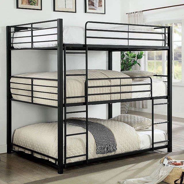 The appearance of Carolyn Triple Full Bunk Bed designed by Furniture of America in the modern / contemporary interior design. This sand black piece of furniture  was selected by 1StopBedrooms from Carolyn Collection to add a touch of cosiness and style into your home. Sku: CM-BK917F-1;CM-BK917F-2. Bed Type: Bunk Bed. Material: Metal. Product Type: Bunk Bed. Bed Size: Full. Image1