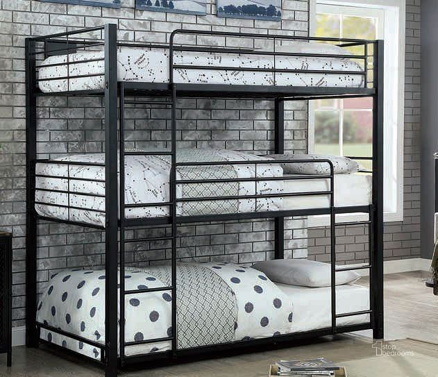 The appearance of Carolyn Triple Twin Bunk Bed designed by Furniture of America in the modern / contemporary interior design. This sand black piece of furniture  was selected by 1StopBedrooms from Carolyn Collection to add a touch of cosiness and style into your home. Sku: CM-BK917T-1;CM-BK917T-2. Bed Type: Bunk Bed. Material: Metal. Product Type: Bunk Bed. Bed Size: Twin.