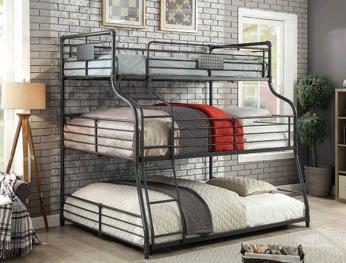 The appearance of Olga III Twin / Full / Queen Triple Decker Bunk Bed designed by Furniture of America in the modern / contemporary interior design. This black piece of furniture  was selected by 1StopBedrooms from Olga Collection to add a touch of cosiness and style into your home. Sku: CM-BK918-1;CM-BK918-2. Bed Type: Bunk Bed. Material: Metal. Product Type: Bunk Bed. Bed Size: Twin. Image1