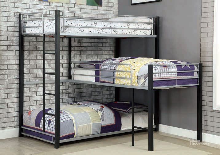 The appearance of Aubrey Triple Twin Bunk Bed designed by Furniture of America in the modern / contemporary interior design. This two-tone color piece of furniture  was selected by 1StopBedrooms from Aubrey Collection to add a touch of cosiness and style into your home. Sku: CM-BK919-1;CM-BK919-2. Bed Type: Bunk Bed. Material: Metal. Product Type: Bunk Bed. Bed Size: Twin.
