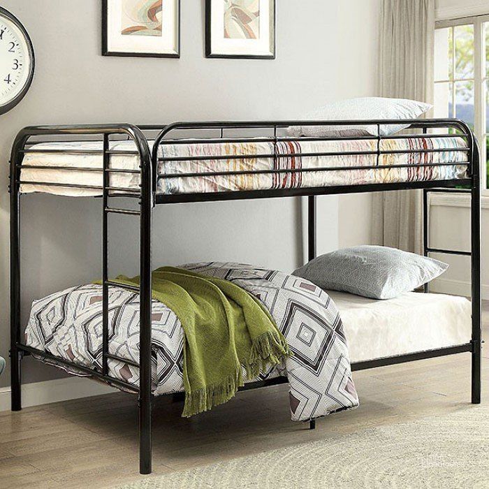 The appearance of Opal Full over Full Bunk Bed (Black) designed by Furniture of America in the transitional interior design. This black piece of furniture  was selected by 1StopBedrooms from Opal Collection to add a touch of cosiness and style into your home. Sku: CM-BK931BK-FF. Bed Type: Bunk Bed. Material: Metal. Product Type: Bunk Bed. Bed Size: Full Over Full.