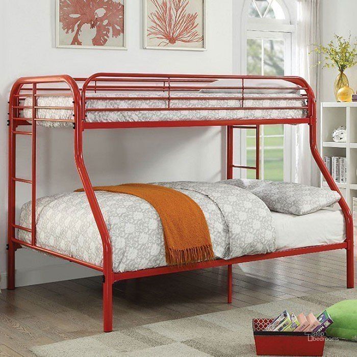 The appearance of Opal Twin over Full Bunk Bed (Red) designed by Furniture of America in the transitional interior design. This red piece of furniture  was selected by 1StopBedrooms from Opal Collection to add a touch of cosiness and style into your home. Sku: CM-BK931RD-TF. Bed Type: Bunk Bed. Material: Metal. Product Type: Bunk Bed. Bed Size: Twin Over Full.
