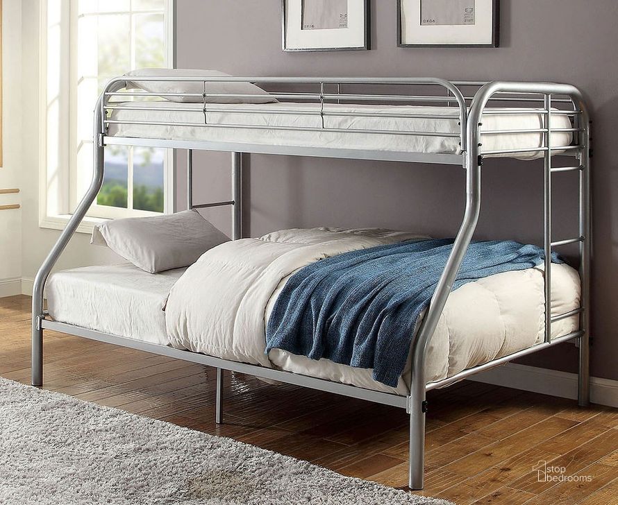 The appearance of Opal Twin over Full Bunk Bed (Silver) designed by Furniture of America in the transitional interior design. This silver piece of furniture  was selected by 1StopBedrooms from Opal Collection to add a touch of cosiness and style into your home. Sku: CM-BK931SV-TF. Bed Type: Bunk Bed. Material: Metal. Product Type: Bunk Bed. Bed Size: Twin Over Full.