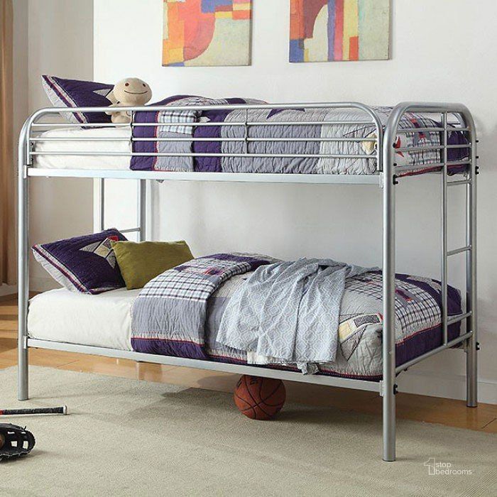 The appearance of Opal Twin over Twin Bunk Bed (Silver) designed by Furniture of America in the transitional interior design. This silver piece of furniture  was selected by 1StopBedrooms from Opal Collection to add a touch of cosiness and style into your home. Sku: CM-BK931SV-TT. Bed Type: Bunk Bed. Material: Metal. Product Type: Bunk Bed. Bed Size: Twin Over Twin. Image1