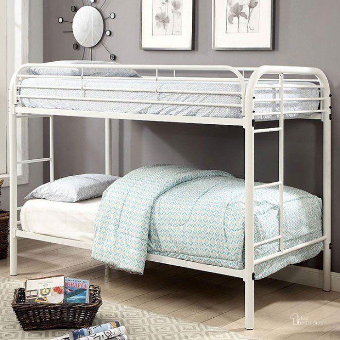 The appearance of Opal Twin over Twin Bunk Bed (White) designed by Furniture of America in the transitional interior design. This white piece of furniture  was selected by 1StopBedrooms from Opal Collection to add a touch of cosiness and style into your home. Sku: CM-BK931WH-TT. Bed Type: Bunk Bed. Material: Metal. Product Type: Bunk Bed. Bed Size: Twin Over Twin.