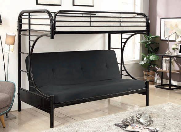 The appearance of Alanna Metal Bunk Bed w/ Futon Base (Black) designed by Furniture of America in the transitional interior design. This black piece of furniture  was selected by 1StopBedrooms from Alanna Collection to add a touch of cosiness and style into your home. Sku: CM-BK932BK. Bed Type: Bunk Bed. Material: Metal. Product Type: Bunk Bed. Image1