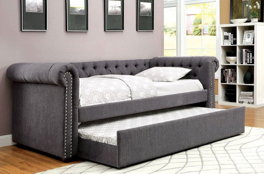 The appearance of Leanna Full Daybed w/ Trundle (Gray) designed by Furniture of America in the traditional interior design. This gray piece of furniture  was selected by 1StopBedrooms from Leanna Collection to add a touch of cosiness and style into your home. Sku: CM1027GY-F-1;CM1027GY-F-2;CM1027GY-F-3;CM1027GY-F-4. Bed Type: Daybed. Material: Fabric. Product Type: DayBed. Bed Size: Full.