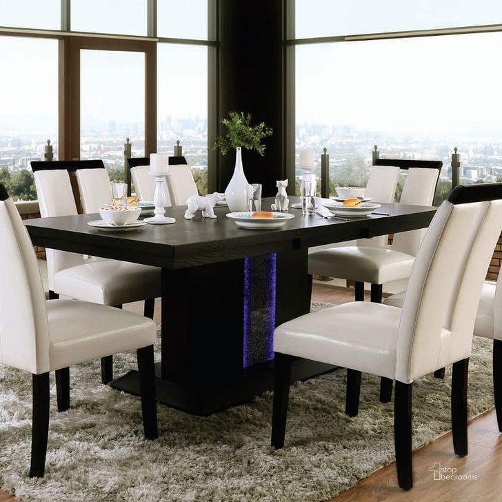 The appearance of Evangeline Dining Table designed by Furniture of America in the modern / contemporary interior design. This black piece of furniture  was selected by 1StopBedrooms from Evangeline Collection to add a touch of cosiness and style into your home. Sku: CM3394T. Table Base Style: Pedestal. Material: Wood. Product Type: Dining Table. Table Top Shape: Rectangular. Image1
