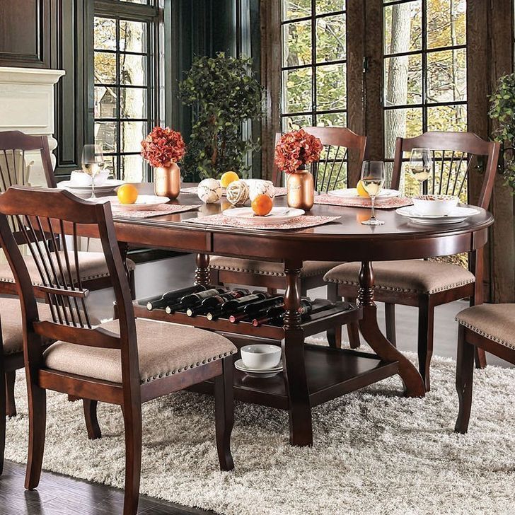 The appearance of Jordyn Dining Table designed by Furniture of America in the transitional interior design. This brown cherry piece of furniture  was selected by 1StopBedrooms from Jordyn Collection to add a touch of cosiness and style into your home. Sku: CM3626T. Table Base Style: Legs. Table Top Shape: Oval. Material: Wood. Product Type: Dining Table. Image1