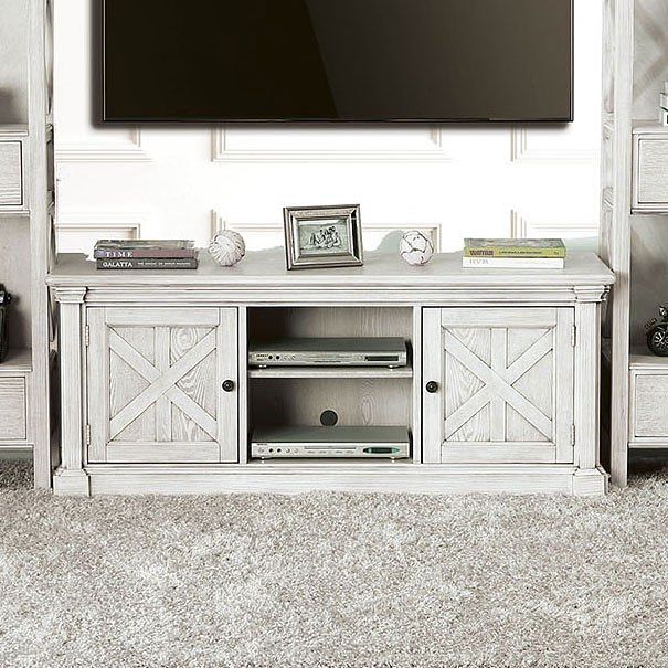 The appearance of Georgia 60-Inch TV Stand designed by Furniture of America in the transitional interior design. This antique white piece of furniture  was selected by 1StopBedrooms from Georgia Collection to add a touch of cosiness and style into your home. Sku: CM5089-TV-60. Material: Wood. Product Type: TV Stands and TV Console.
