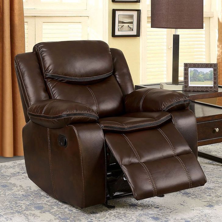 The appearance of Pollux Recliner (Brown) designed by Furniture of America in the transitional interior design. This brown piece of furniture  was selected by 1StopBedrooms from Pollux Collection to add a touch of cosiness and style into your home. Sku: CM6981BR-CH. Material: Faux Leather. Product Type: Recliners and Rocker.