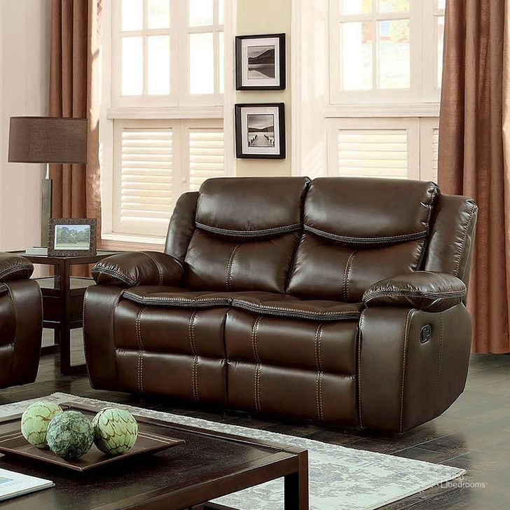 The appearance of Pollux Reclining Loveseat (Brown) designed by Furniture of America in the transitional interior design. This brown piece of furniture  was selected by 1StopBedrooms from Pollux Collection to add a touch of cosiness and style into your home. Sku: CM6981BR-LV. Material: Faux Leather. Product Type: Reclining Loveseat.