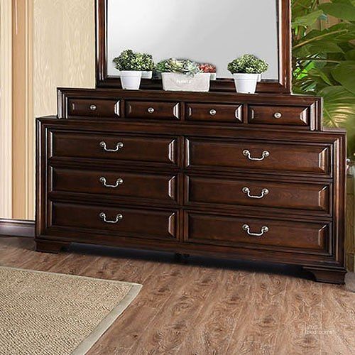 The appearance of Brandt Dresser (Brown Cherry) designed by Furniture of America in the transitional interior design. This brown piece of furniture  was selected by 1StopBedrooms from Brandt Collection to add a touch of cosiness and style into your home. Sku: CM7302CH-D. Material: Wood. Product Type: Dresser. Image1
