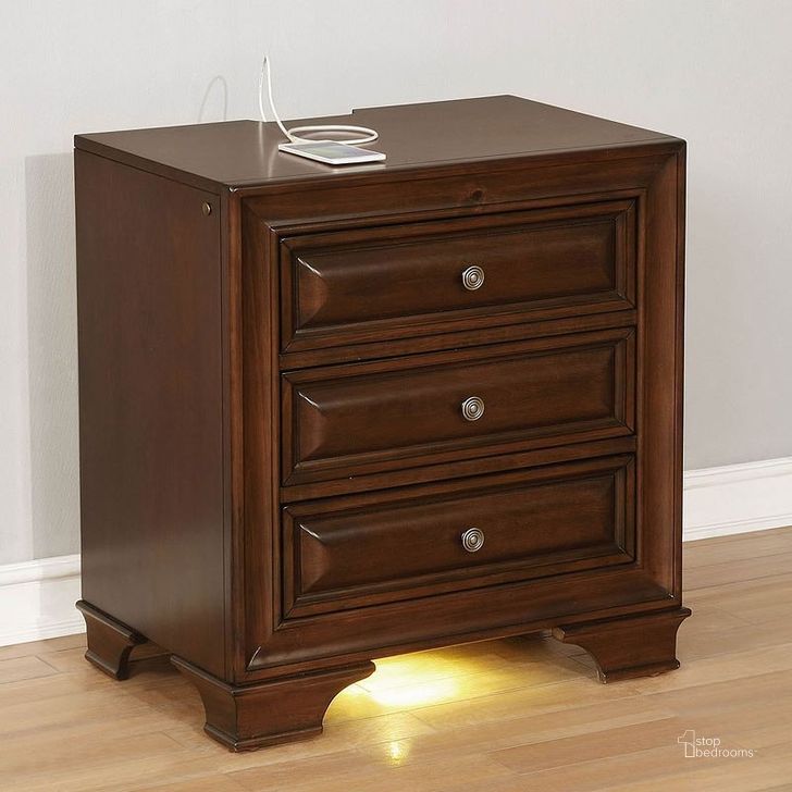 The appearance of Brandt Nightstand w/ USB and Power Outlet (Brown Cherry) designed by Furniture of America in the transitional interior design. This brown piece of furniture  was selected by 1StopBedrooms from Brandt Collection to add a touch of cosiness and style into your home. Sku: CM7302CH-N. Material: Wood. Product Type: Nightstand. Image1