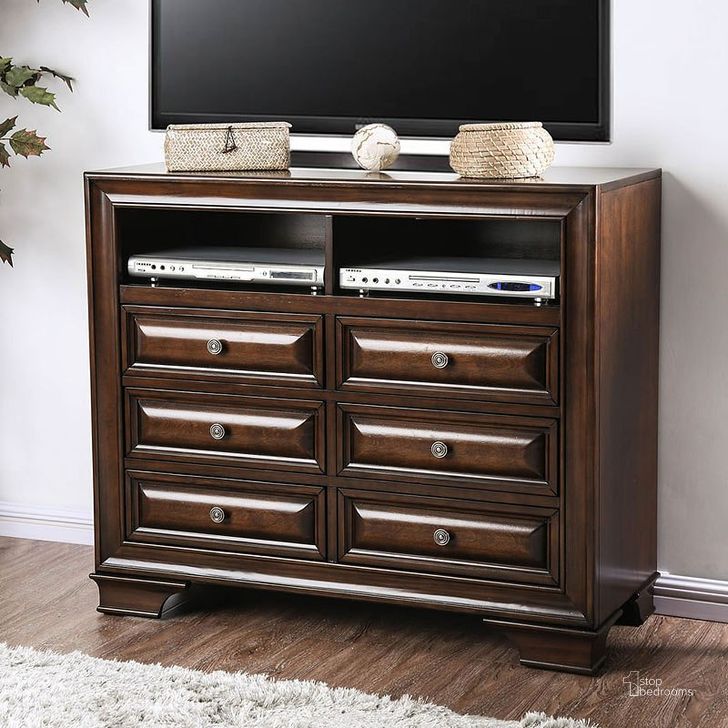 The appearance of Brandt Media Chest (Brown Cherry) designed by Furniture of America in the transitional interior design. This brown piece of furniture  was selected by 1StopBedrooms from Brandt Collection to add a touch of cosiness and style into your home. Sku: CM7302CH-TV. Material: Wood. Product Type: Media Chest.