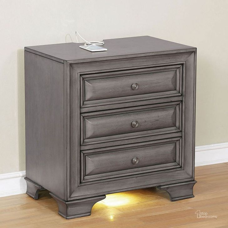 The appearance of Brandt Nightstand w/ USB and Power Outlet (Gray) designed by Furniture of America in the transitional interior design. This medium color piece of furniture  was selected by 1StopBedrooms from Brandt Collection to add a touch of cosiness and style into your home. Sku: CM7302GY-N. Material: Wood. Product Type: Nightstand. Image1