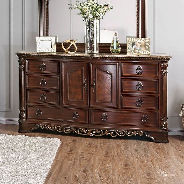 The appearance of Menodora Dresser designed by Furniture of America in the traditional interior design. This brown cherry piece of furniture  was selected by 1StopBedrooms from Menodora Collection to add a touch of cosiness and style into your home. Sku: CM7311D. Material: Wood. Product Type: Dresser. Image1
