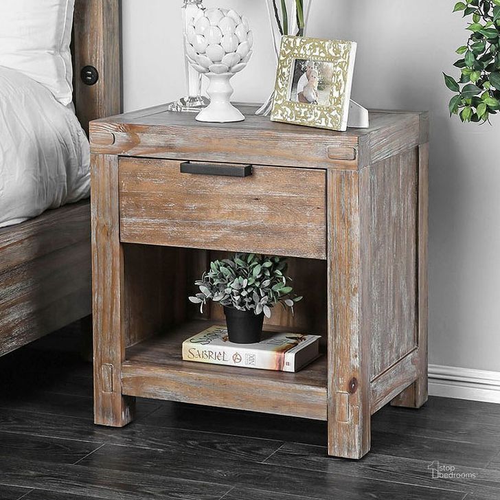 The appearance of Wynton Nightstand designed by Furniture of America in the transitional interior design. This weathered light oak piece of furniture  was selected by 1StopBedrooms from Wynton Collection to add a touch of cosiness and style into your home. Sku: CM7360N. Material: Wood. Product Type: Nightstand. Image1