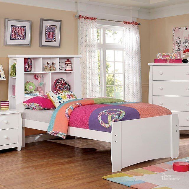 The appearance of Marlee Youth Bookcase Bed (White) (Twin) designed by Furniture of America in the modern / contemporary interior design. This white piece of furniture  was selected by 1StopBedrooms from Marlee Collection to add a touch of cosiness and style into your home. Sku: CM7651WH-T-1;CM7651WH-T-2;CM7651WH-T-3. Bed Type: Bookcase Bed. Material: Wood. Product Type: Bookcase Bed. Bed Size: Twin. Image1