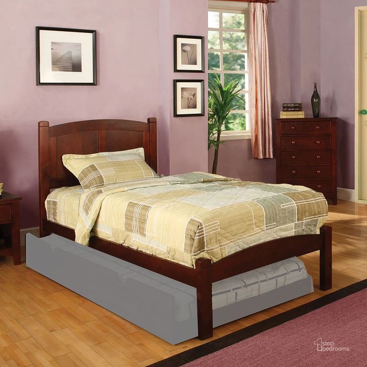 The appearance of Cara Youth Platform Bed (Cherry) (Twin) designed by Furniture of America in the transitional interior design. This brown piece of furniture  was selected by 1StopBedrooms from Cara Collection to add a touch of cosiness and style into your home. Sku: CM7903CH-T-HB;CM7903CH-T-FB;CM7903CH-T-R12. Bed Type: Platform Bed. Material: Wood. Product Type: Platform Bed. Bed Size: Twin. Image1
