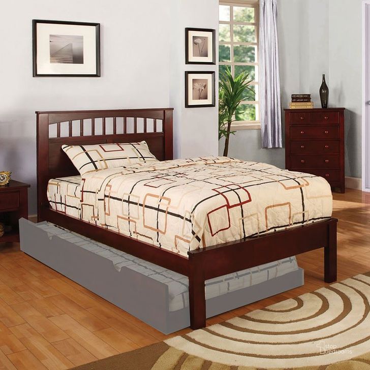 The appearance of Carus Youth Platform Bed (Cherry) (Twin) designed by Furniture of America in the transitional interior design. This brown piece of furniture  was selected by 1StopBedrooms from Carus Collection to add a touch of cosiness and style into your home. Sku: CM7904CH-T-HB;CM7904CH-T-FB;CM7904CH-T-R12. Bed Type: Platform Bed. Material: Wood. Product Type: Platform Bed. Bed Size: Twin. Image1