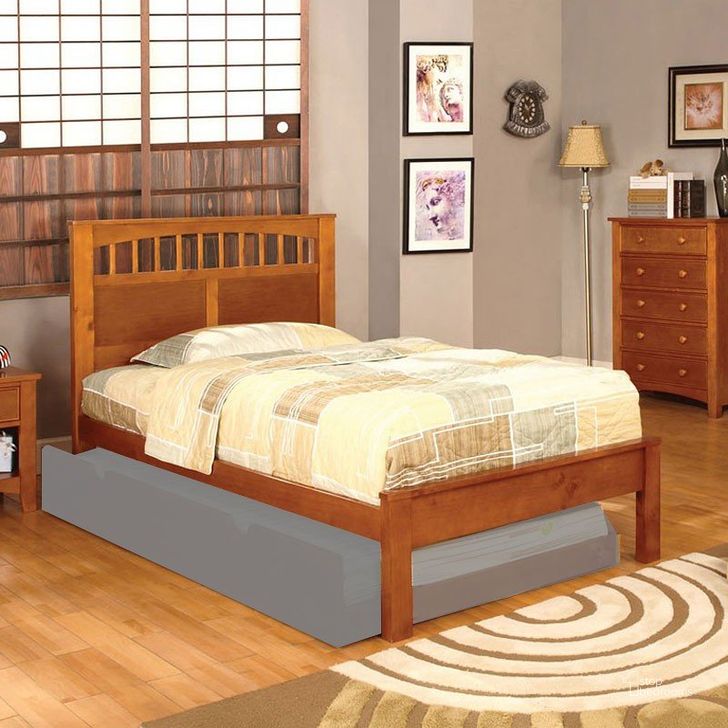 The appearance of Carus Youth Platform Bed (Oak) (Twin) designed by Furniture of America in the transitional interior design. This oak piece of furniture  was selected by 1StopBedrooms from Carus Collection to add a touch of cosiness and style into your home. Sku: CM7904OAK-T-HB;CM7904OAK-T-FB;CM7904OAK-T-R12. Bed Type: Platform Bed. Material: Wood. Product Type: Platform Bed. Bed Size: Twin. Image1
