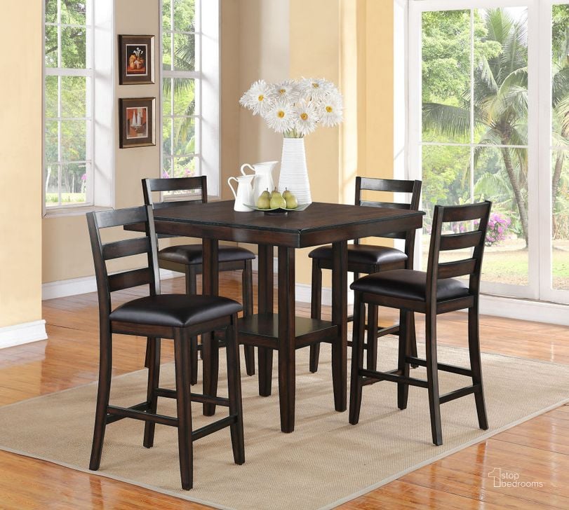 The appearance of Crown Mark Tahoe 5pc Counter Height Table Set designed by Crown Mark in the transitional interior design. This brown piece of furniture  was selected by 1StopBedrooms from Tahoe Collection to add a touch of cosiness and style into your home. Sku: 2630SET. Table Top Shape: Square. Product Type: Counter Height Table.