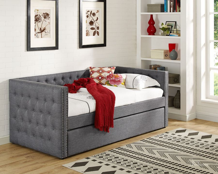The appearance of Crown Mark Trina Grey Daybed designed by Crown Mark in the modern / contemporary interior design. This gray piece of furniture  was selected by 1StopBedrooms from Trina Collection to add a touch of cosiness and style into your home. Sku: 5335GY-ARM;5335GY-BACK. Bed Type: Daybed. Product Type: DayBed.