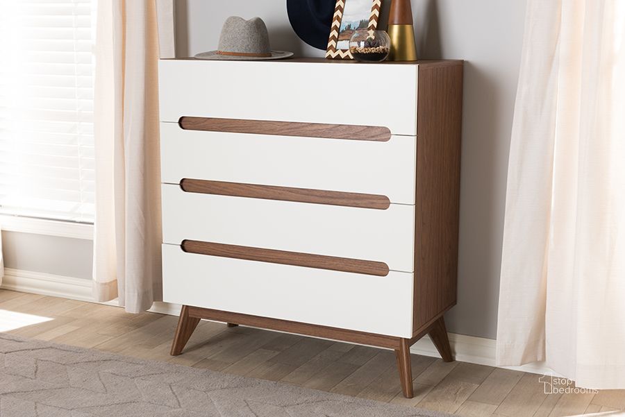 The appearance of Baxton Studio Calypso Mid-Century Modern White And Walnut Wood 4-Drawer Storage Chest designed by Baxton Studio in the transitional interior design. This white piece of furniture  was selected by 1StopBedrooms from Calypso Collection to add a touch of cosiness and style into your home. Sku: Calypso-Walnut/White-4DW-Chest. Product Type: Chest. Material: MDF. Image1