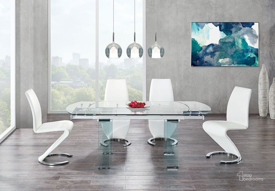 The appearance of D2160 Dining Room Set w/ White Chairs designed by Global Furniture USA in the modern / contemporary interior design. This white piece of furniture  was selected by 1StopBedrooms from D2160 Collection to add a touch of cosiness and style into your home. Sku: D2160DT - L;D2160DT - TG;D9002DC-WH (M);D9002DC-WH (M). Table Base Style: Double Pedestal. Material: Glass. Product Type: Dining Room Set. Table Top Shape: Rectangular. Image1