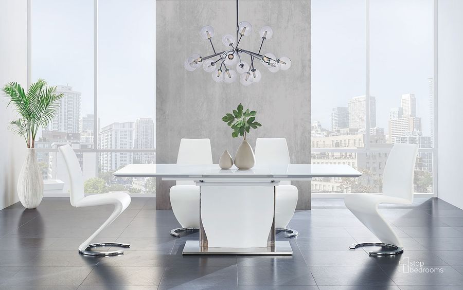 The appearance of D2279 Dining Room Set w/ White Chairs designed by Global Furniture USA in the modern / contemporary interior design. This white piece of furniture  was selected by 1StopBedrooms from D2279 Collection to add a touch of cosiness and style into your home. Sku: D2279DT - COLUMN;D2279DT-BASE;D2279DT - TOP;D9002DC-WH (M);D9002DC-WH (M). Table Base Style: Pedestal. Product Type: Dining Room Set. Material: MDF. Table Top Shape: Rectangular. Image1