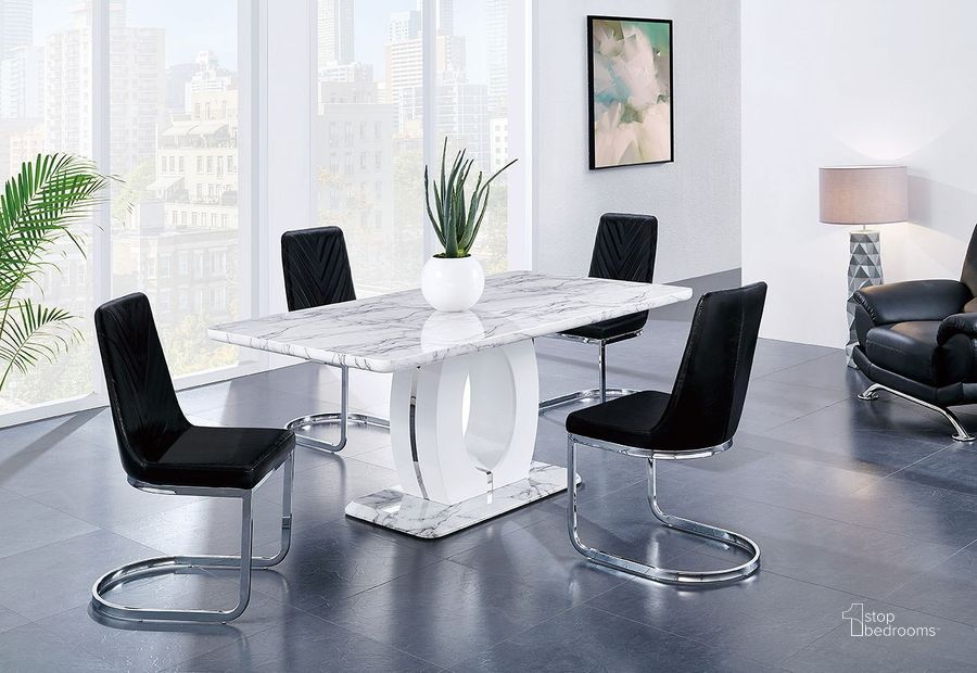 The appearance of D894 Dining Room Set w/ Black Chairs designed by Global Furniture USA in the modern / contemporary interior design. This black piece of furniture  was selected by 1StopBedrooms from D894 Collection to add a touch of cosiness and style into your home. Sku: D894DT - BS;D894DT - T;D894DT - FR;D1067NDC-BL;D1067NDC-BL. Table Base Style: Pedestal. Product Type: Dining Room Set. Material: MDF. Table Top Shape: Rectangular. Image1