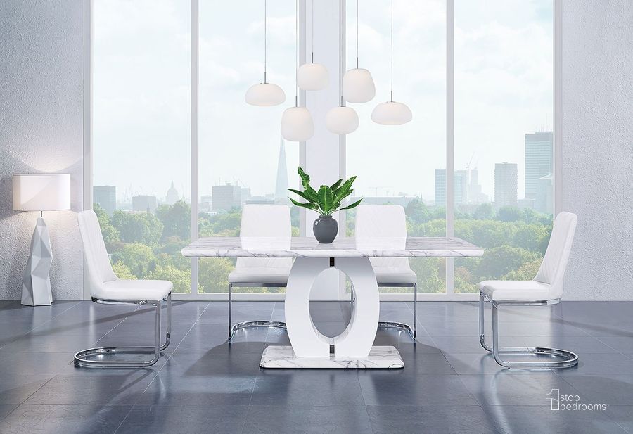 The appearance of D894 Dining Room Set w/ White Chairs designed by Global Furniture USA in the modern / contemporary interior design. This white piece of furniture  was selected by 1StopBedrooms from D894 Collection to add a touch of cosiness and style into your home. Sku: D894DT - BS;D894DT - T;D894DT - FR;D1067NDC-WH;D1067NDC-WH. Table Base Style: Pedestal. Product Type: Dining Room Set. Material: MDF. Table Top Shape: Rectangular. Image1