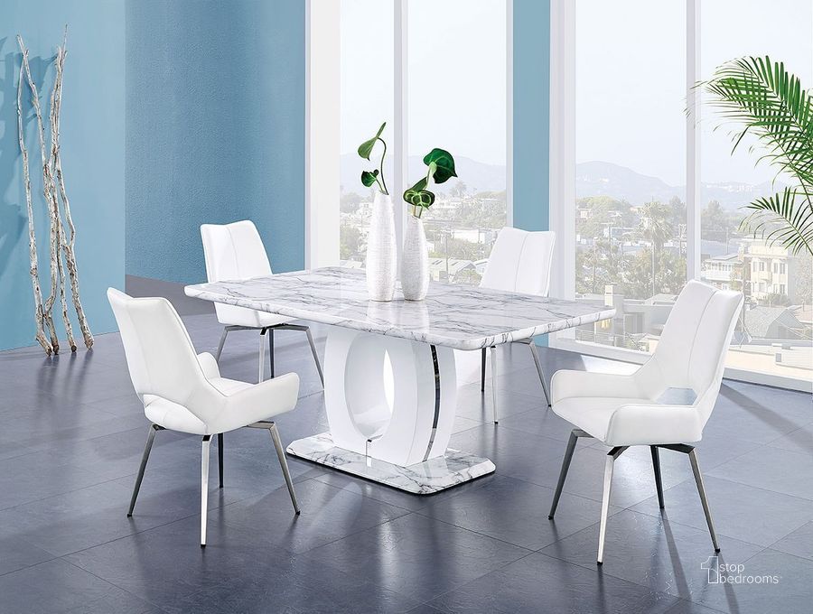The appearance of D894 Dining Room Set w/ White Swivel Chairs designed by Global Furniture USA in the modern / contemporary interior design. This white piece of furniture  was selected by 1StopBedrooms from D894 Collection to add a touch of cosiness and style into your home. Sku: D894DT - BS;D894DT - T;D894DT - FR;D4878NDC-FR;D4878NDC-FR;D4878NDC-WH-SEAT;D4878NDC-WH-SEAT. Table Base Style: Pedestal. Product Type: Dining Room Set. Material: MDF. Table Top Shape: Rectangular. Image1
