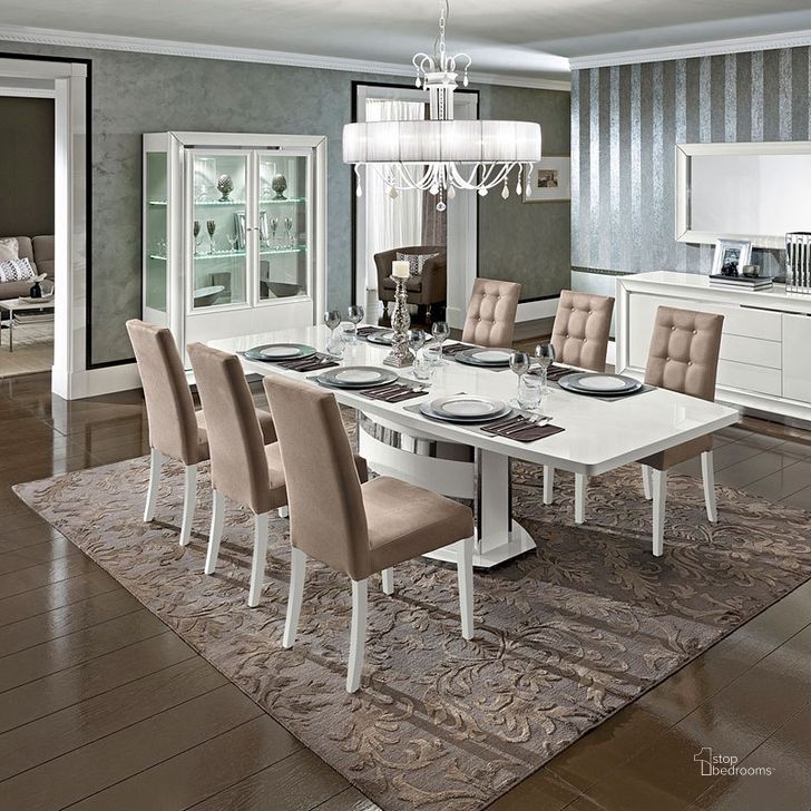 The appearance of Dama Bianca Dining Room Set designed by ESF in the modern / contemporary interior design. This gloss white piece of furniture  was selected by 1StopBedrooms from Dama Bianca Collection to add a touch of cosiness and style into your home. Sku: DAMABIANCADTABLE;DAMABIANCACHAIR. Table Base Style: Pedestal. Product Type: Dining Room Set. Material: MDF. Table Top Shape: Rectangular. Size: 79". Image1