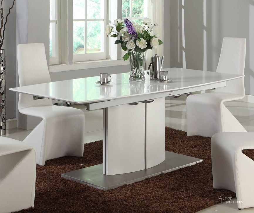 The appearance of Elizabeth Dining Table designed by Chintaly Imports in the modern / contemporary interior design. This white piece of furniture  was selected by 1StopBedrooms from Elizabeth Collection to add a touch of cosiness and style into your home. Sku: ELIZABETH-DT-T;ELIZABETH-DT-M;ELIZABETH-DT-B. Table Base Style: Pedestal. Product Type: Dining Table. Table Top Shape: Rectangular. Size: 79". Image1