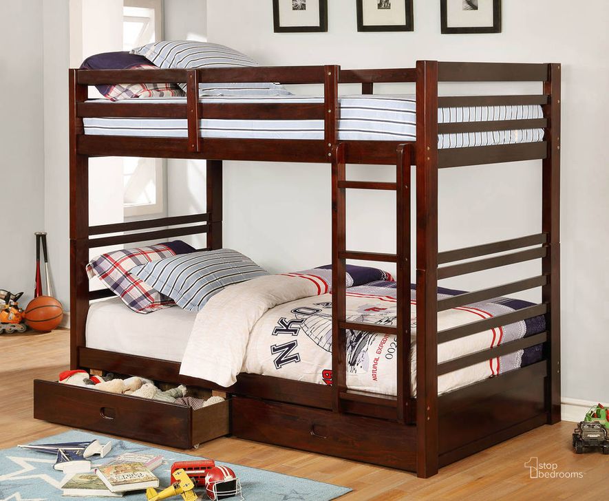 The appearance of Furniture of America California IV Dark Walnut Twin over Twin Bunk Bed designed by Furniture of America in the transitional interior design. This dark walnut piece of furniture  was selected by 1StopBedrooms from California Iv Collection to add a touch of cosiness and style into your home. Sku: CM-BK588T-EX-1;CM-BK588T-EX-2;CM-BK588T-EX-3. Bed Type: Bunk Bed. Product Type: Bunk Bed. Bed Size: Twin Over Twin.