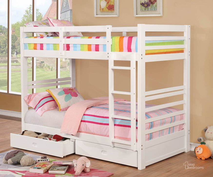 The appearance of Furniture of America California IV White Twin over Twin Bunk Bed designed by Furniture of America in the transitional interior design. This white piece of furniture  was selected by 1StopBedrooms from California Iv Collection to add a touch of cosiness and style into your home. Sku: CM-BK588T-WH-1;CM-BK588T-WH-2;CM-BK588T-WH-3. Bed Type: Bunk Bed. Product Type: Bunk Bed. Bed Size: Twin Over Twin.