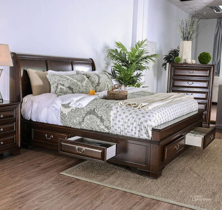 The appearance of Furniture of America Brandt Brown Cherry Cal King Bed designed by Furniture of America in the transitional interior design. This brown cherry piece of furniture  was selected by 1StopBedrooms from Brandt Collection to add a touch of cosiness and style into your home. Sku: CM7302CH-CK-1;CM7302CH-CK-2;CM7302CH-CK-3;CM7302CH-CK-4;CM7302CH-CK-5. Bed Type: Storage Bed. Product Type: Storage Bed. Bed Size: California King.