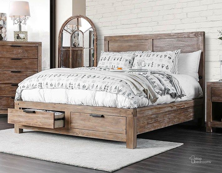 The appearance of Furniture of America Wynton Light Oak Cal King Bed designed by Furniture of America in the transitional interior design. This weathered oak piece of furniture  was selected by 1StopBedrooms from Wynton Collection to add a touch of cosiness and style into your home. Sku: CM7360CK-HB;CM7360CK-FB;CM7360CK-R. Bed Type: Storage Bed. Product Type: Storage Bed. Bed Size: California King.