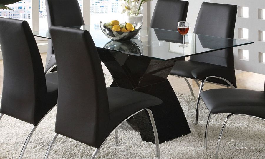 The appearance of Furniture of America Wailoa Black Glass Top Dining Table designed by Furniture of America in the modern / contemporary interior design. This black piece of furniture  was selected by 1StopBedrooms from Wailoa Collection to add a touch of cosiness and style into your home. Sku: CM8370T-BK-1;CM8370T-2. Table Base Style: Pedestal. Product Type: Dining Table. Table Top Shape: Rectangular.