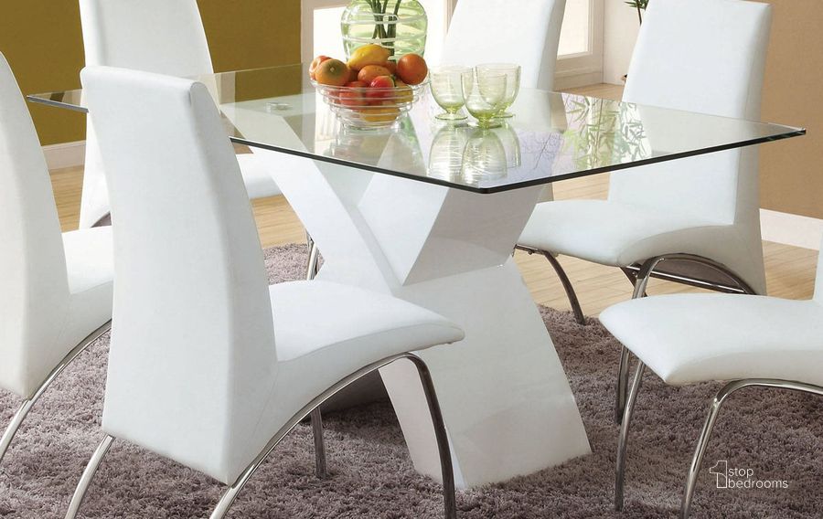The appearance of Furniture of America Wailoa White Glass Top Dining Table designed by Furniture of America in the modern / contemporary interior design. This white piece of furniture  was selected by 1StopBedrooms from Wailoa Collection to add a touch of cosiness and style into your home. Sku: CM8370T-WH-1;CM8370T-2. Table Base Style: Pedestal. Product Type: Dining Table. Table Top Shape: Rectangular. Size: 36.