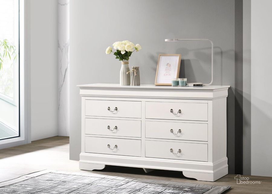 The appearance of Glory Furniture LouisPhillipe Dresser, White designed by Glory in the traditional interior design. This white piece of furniture  was selected by 1StopBedrooms from Louis Philippe Collection to add a touch of cosiness and style into your home. Sku: G02190-D-Dresser. Material: Wood. Product Type: Dresser. Image1
