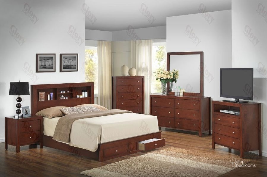 The appearance of G2400D Bookcase Storage Bedroom Set designed by Glory in the transitional interior design. This cherry piece of furniture  was selected by 1StopBedrooms from G2400 Collection to add a touch of cosiness and style into your home. Sku: G2400D-QSB2-Queen  Bed  Headboard;G2400D-QSB2-Queen  Bed  Footboard;G2400D-QSB2-Queen Bed  Rails;G2400D-QSB2-Queen Bed  Footboard Drawers;G2400-N-Nightstand. Material: Wood. Product Type: Storage Bed. Bed Size: Queen. Image1