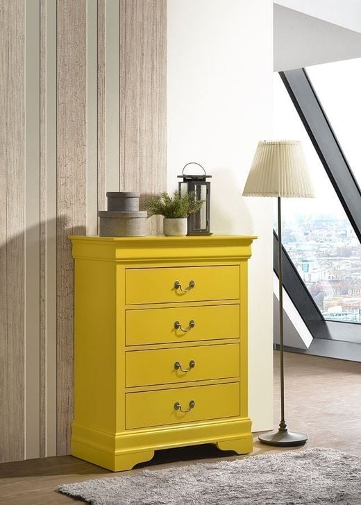 The appearance of Louis Phillipe 4 Drawer Chest (Yellow) designed by Glory in the traditional interior design. This yellow piece of furniture  was selected by 1StopBedrooms from Louis Phillipe Collection to add a touch of cosiness and style into your home. Sku: G3102-BC-4 Drawer Chest. Material: Wood. Product Type: Chest. Image1