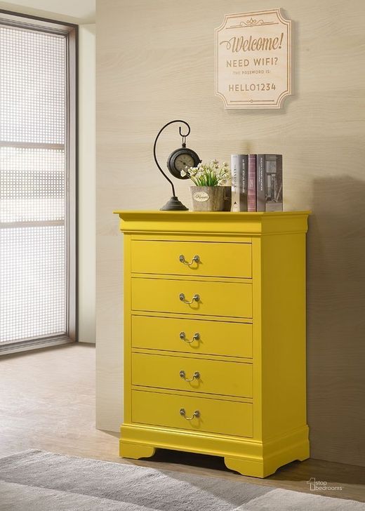 The appearance of Louis Phillipe Chest (Yellow) designed by Glory in the traditional interior design. This yellow piece of furniture  was selected by 1StopBedrooms from Louis Phillipe Collection to add a touch of cosiness and style into your home. Sku: G3102-CH-Chest. Material: Wood. Product Type: Chest. Image1