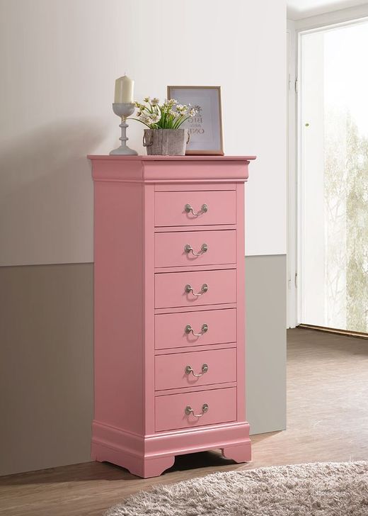 The appearance of Louis Phillipe Lingerie Chest (Pink) designed by Glory in the traditional interior design. This pink piece of furniture  was selected by 1StopBedrooms from Louis Phillipe Collection to add a touch of cosiness and style into your home. Sku: G3104-LC-Lingerie Chest. Material: Wood. Product Type: Chest. Image1