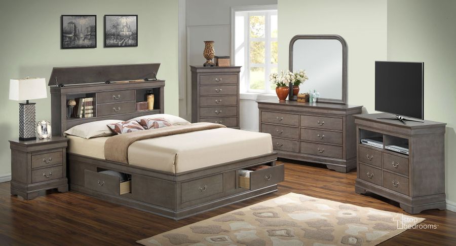 The appearance of G3105 Bookcase Storage Bedroom Set designed by Glory in the traditional interior design. This grey piece of furniture  was selected by 1StopBedrooms from G3105 Collection to add a touch of cosiness and style into your home. Sku: G3105B-QSB-Queen Storage Bed  Headboard;G3105B-QSB-Queen Storage Bed  Footboard;G3105B-QSB-Queen Storage Bed  Rails;G3105B-QSB-Queen Storage Bed  Drawers for Rails;G3105B-QSB-Queen Storage Bed  Drawers for Footboard;G3105-N-Nightstand. Material: Wood. Product Type: Storage Bed. Bed Size: Queen. Image1