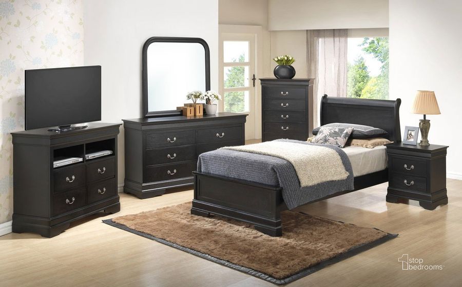 The appearance of G3150 Youth Sleigh Headboard Bedroom Set designed by Glory in the traditional interior design. This black piece of furniture  was selected by 1StopBedrooms from G3150 Collection to add a touch of cosiness and style into your home. Sku: G3150E-TB3-Twin Bed  Headboard;G3150E-TB3-Twin Bed  Footboard;G3150E-TB3-Twin Bed  Rails;G3150-N-Nightstand. Material: Wood. Product Type: Sleigh Bed. Bed Size: Twin. Image1